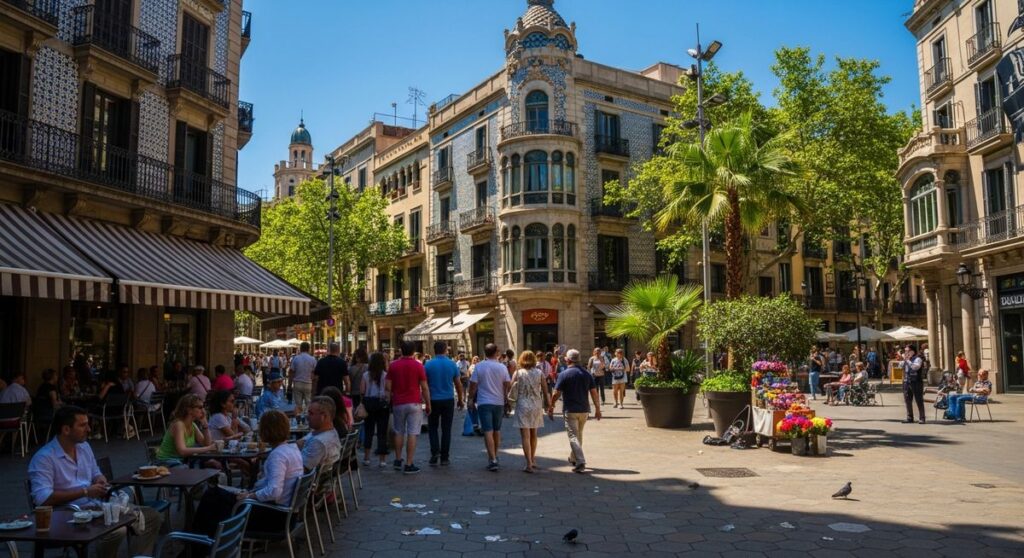 a lively Barcelona street or plaza in June