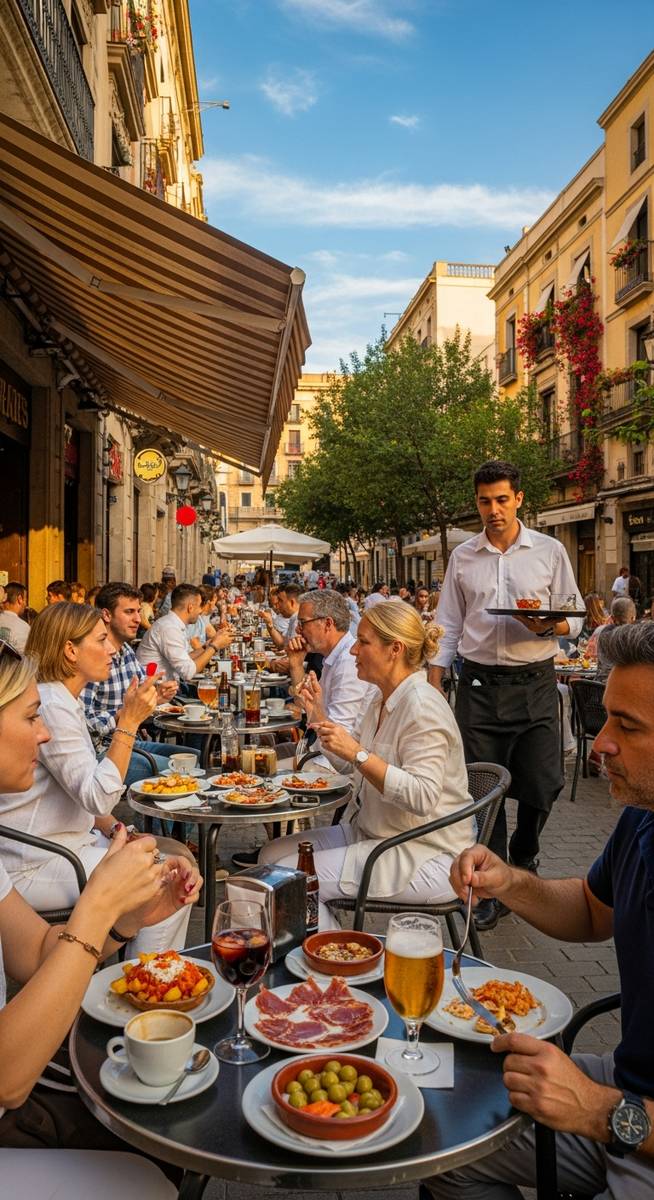 an outdoor cafe in Barcelona in June