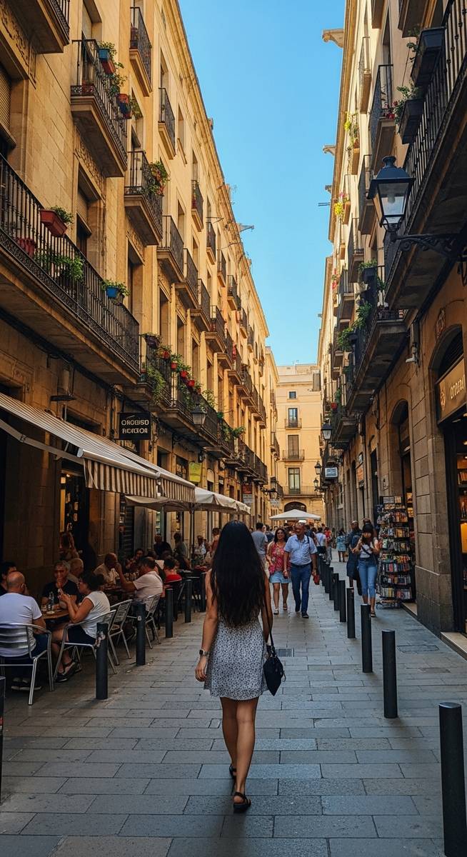 a woman walking through a Barcelona neighbourhood in June