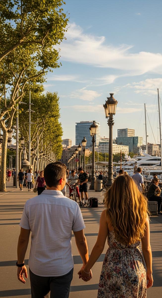 a couple strolling along La Rambla in Barcelona in June