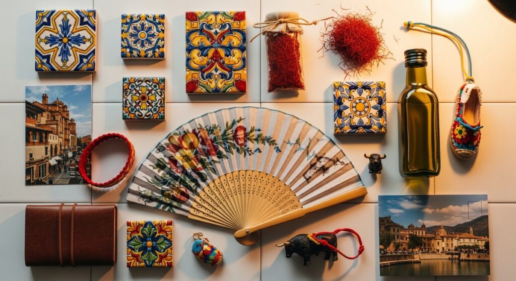 a flatlay of Spanish travel gifts and souvenirs in Barcelona