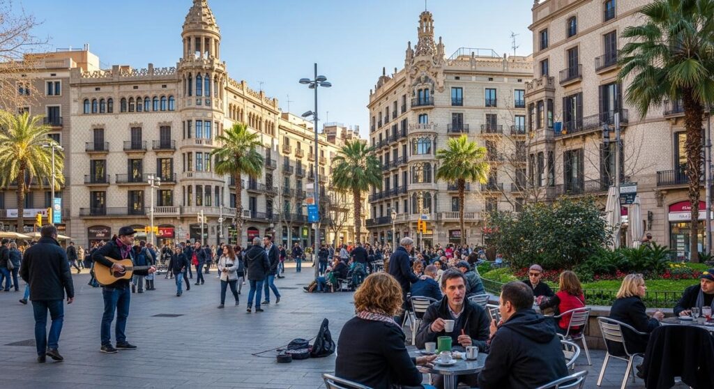 a lively Barcelona street or plaza in March