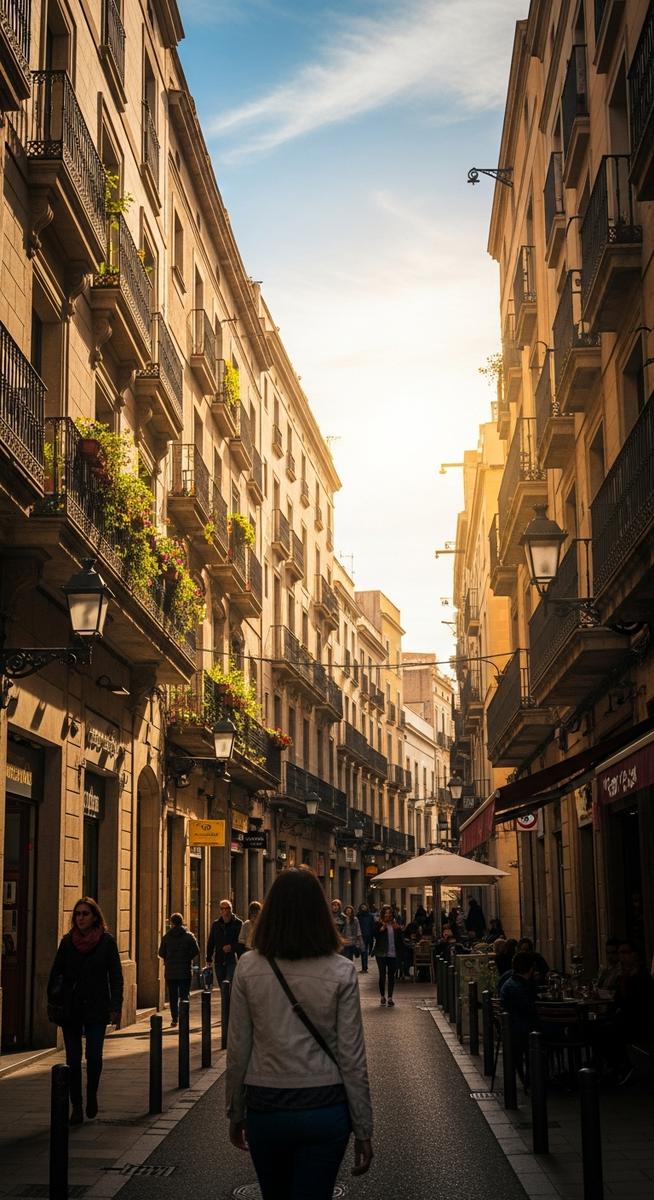 a woman walking through a Barcelona neighbourhood in March