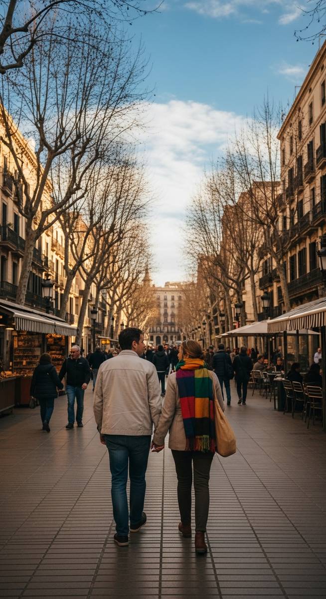 a couple strolling along La Rambla in Barcelona in March