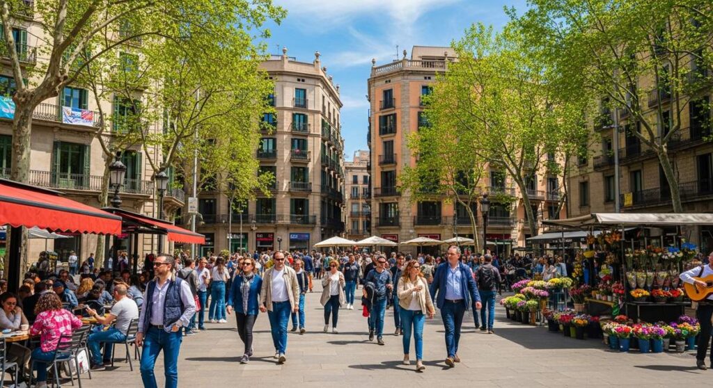 a lively Barcelona street or plaza in May