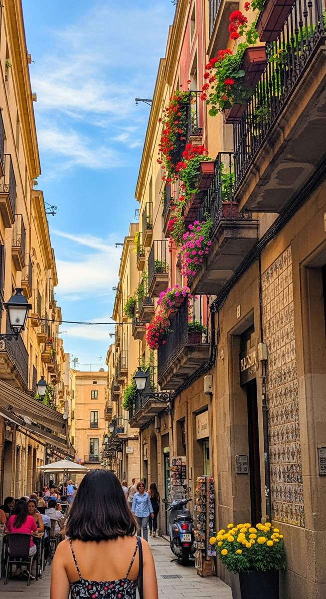 a woman walking through a Barcelona neighbourhood in May