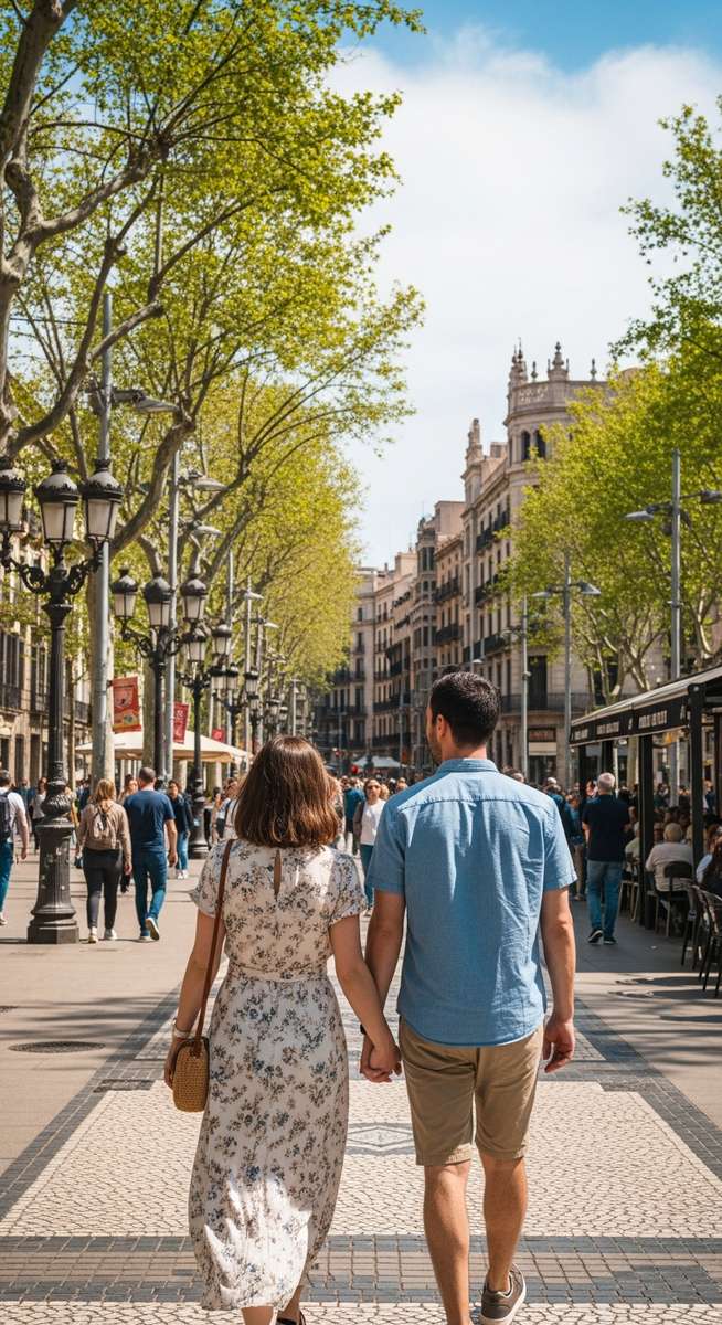 a couple strolling along La Rambla in Barcelona in May