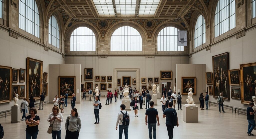 a grand museum interior in Barcelona with visitors
