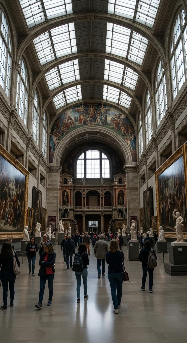 a grand museum interior in Barcelona with visitors