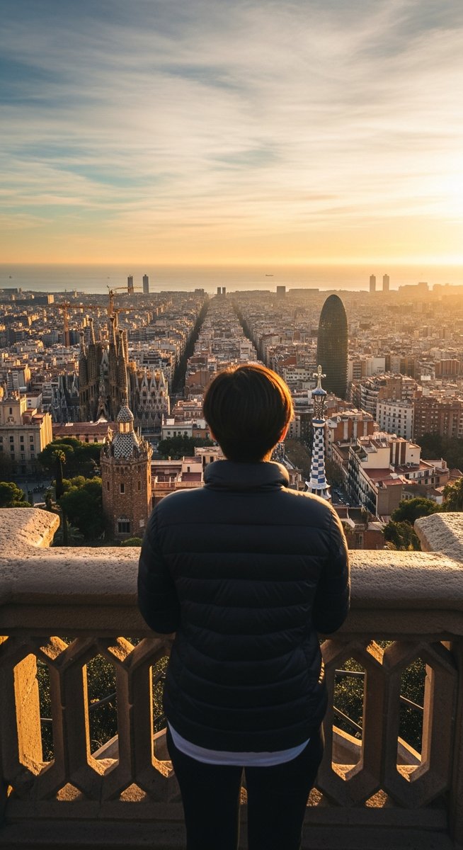 a person at a Barcelona viewpoint looking over the cityscape