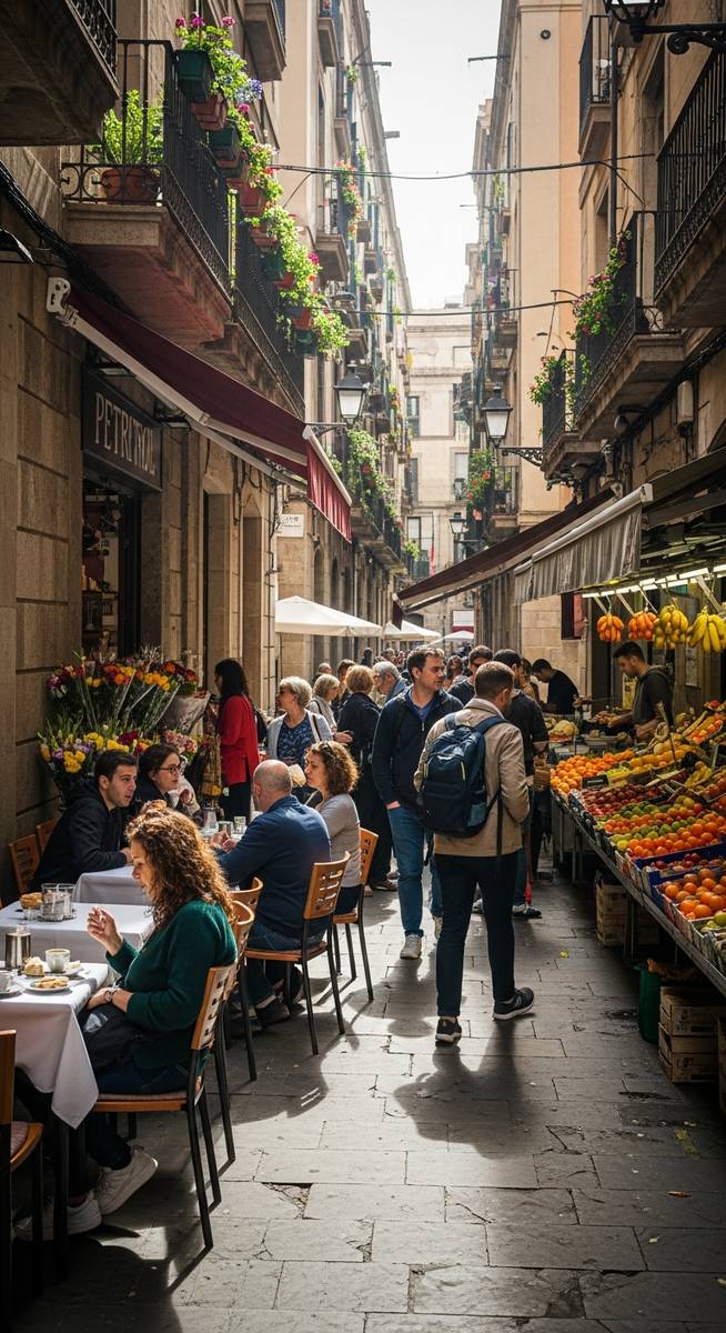 a lively Barcelona street scene showing everyday life