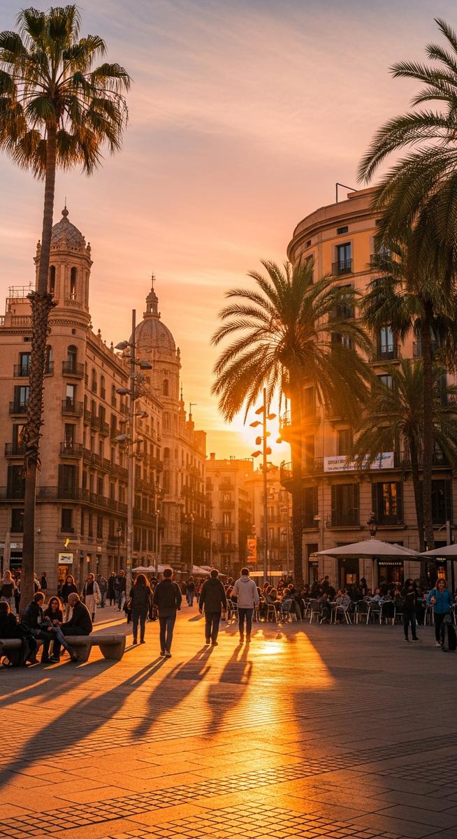 a Barcelona plaza at golden hour