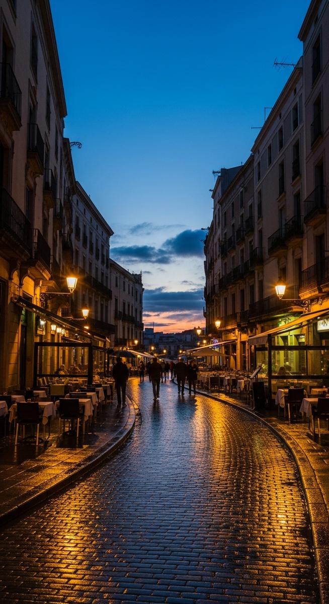 a winding Barcelona street at dusk