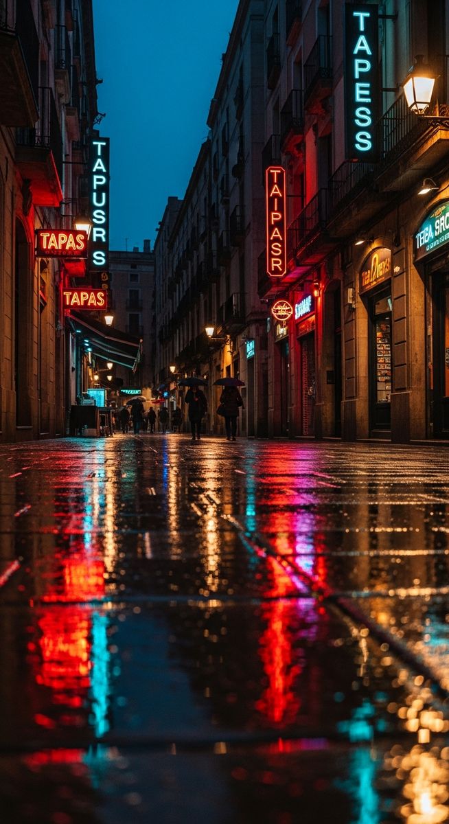 a Barcelona street at night with neon signs