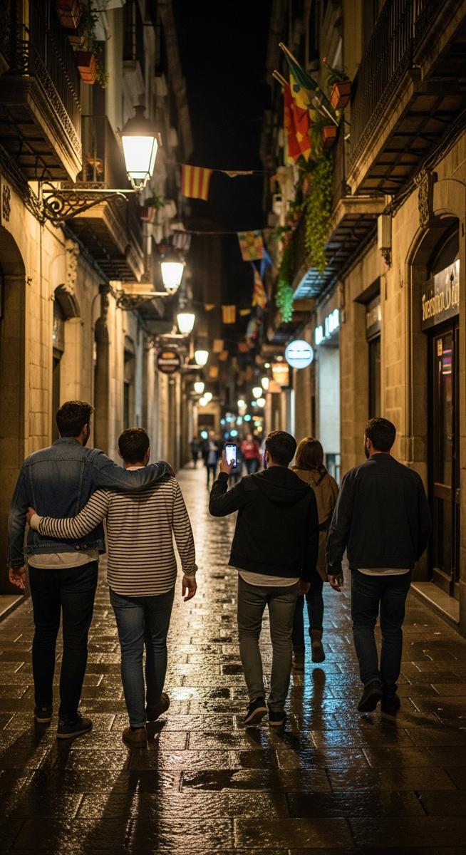 friends walking through Barcelona old town at night after dark