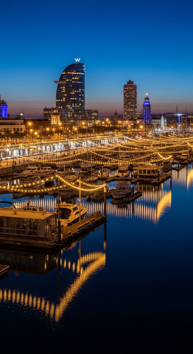 the Barcelona waterfront at night with string lights