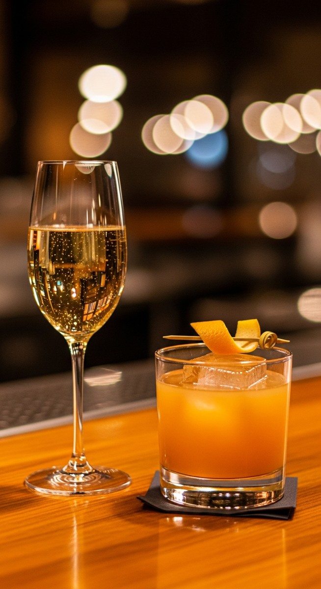 a craft cocktail on a Barcelona bar counter at night after dark