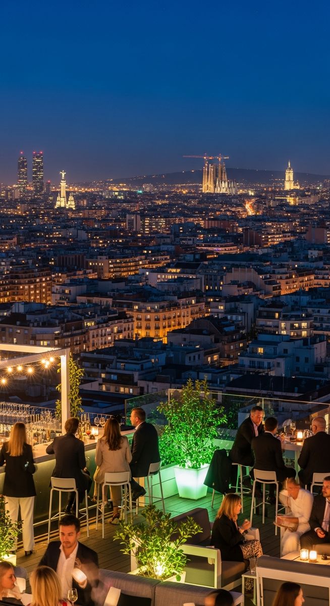 a rooftop bar in Barcelona at night with city lights