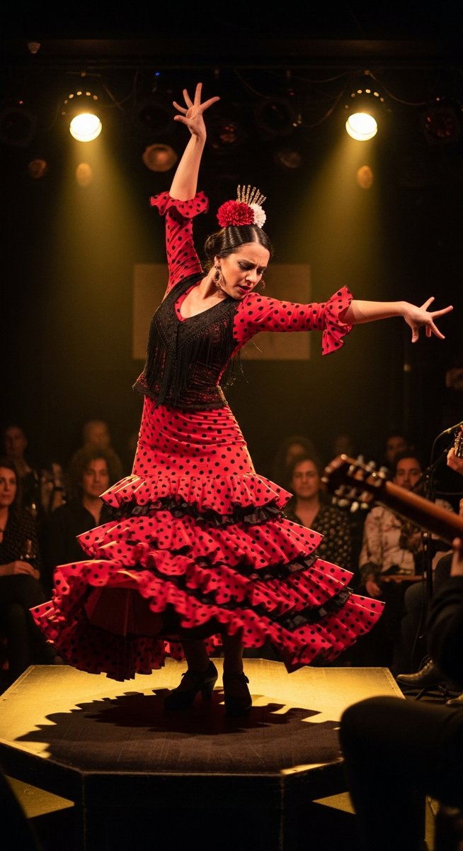 a flamenco dancer on a stage in a Barcelona tablao after dark