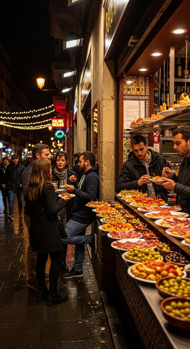 a Barcelona tapas bar at night with people outside