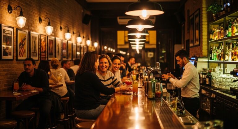 a Barcelona bar at night with warm amber lighting after dark
