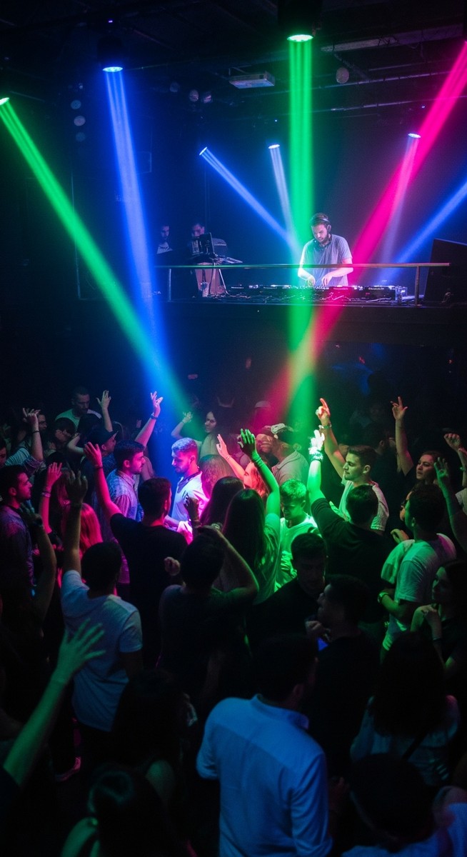 a dance floor at a Barcelona nightclub with coloured lights after dark