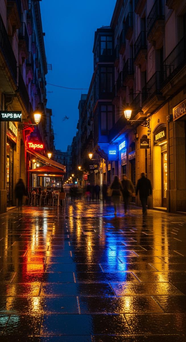 a Barcelona street at night with neon signs