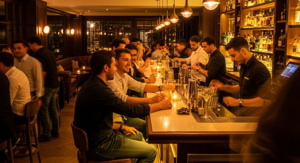 a Barcelona bar at night with warm amber lighting