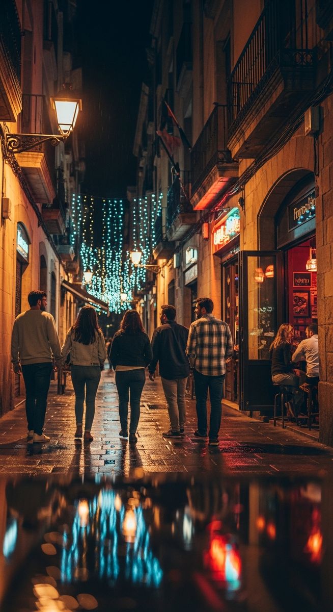 friends walking through Barcelona old town at night
