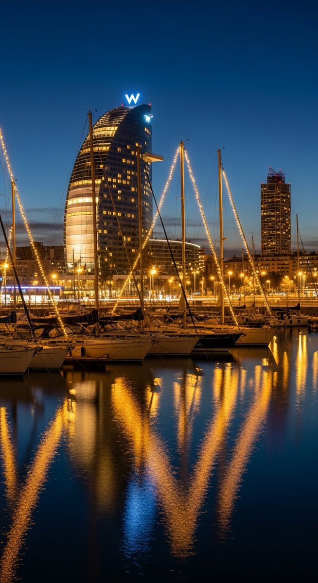 the Barcelona waterfront at night with string lights