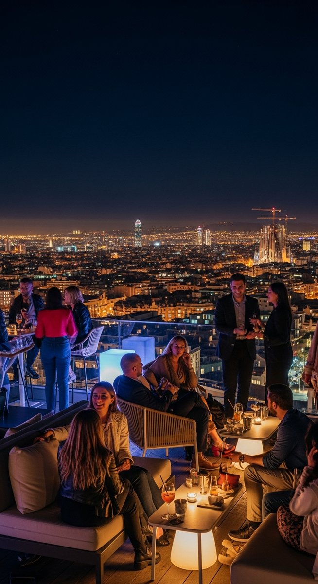 a rooftop bar in Barcelona at night with city lights