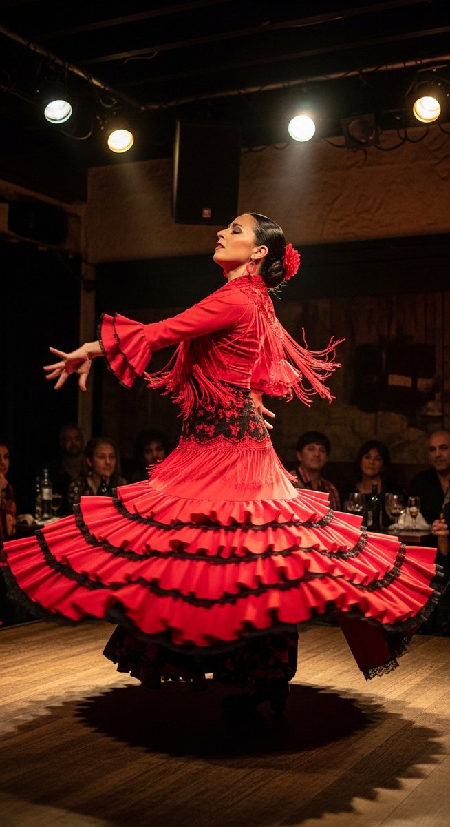 a flamenco dancer on a stage in a Barcelona tablao on a night out