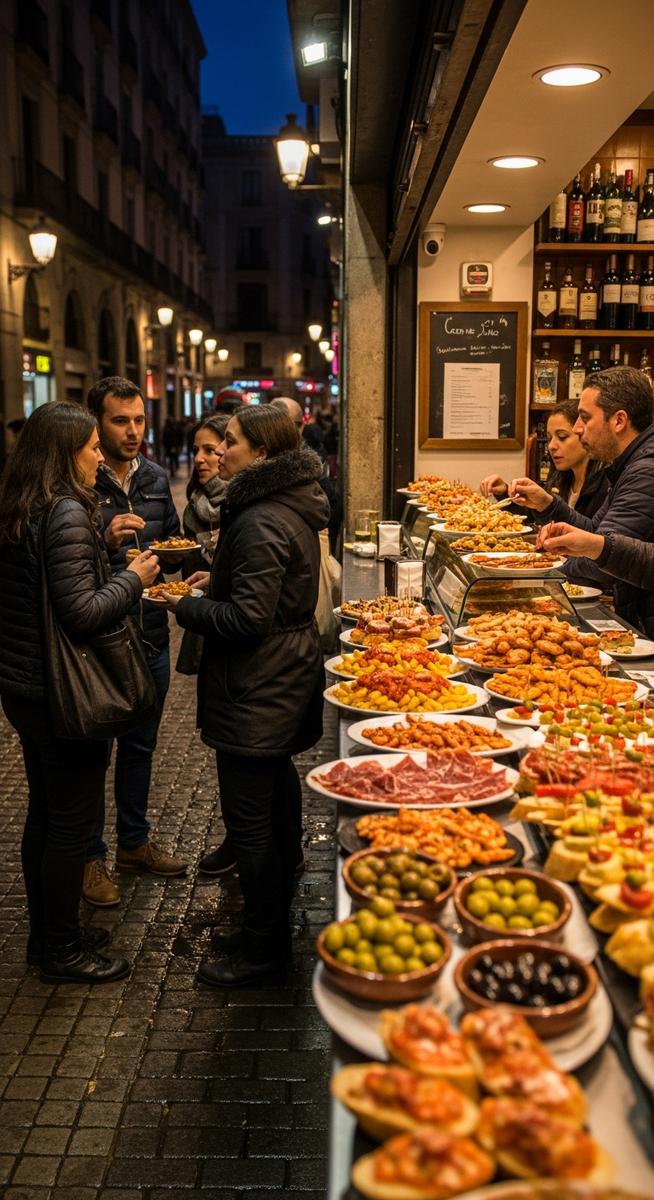 a Barcelona tapas bar at night with people outside