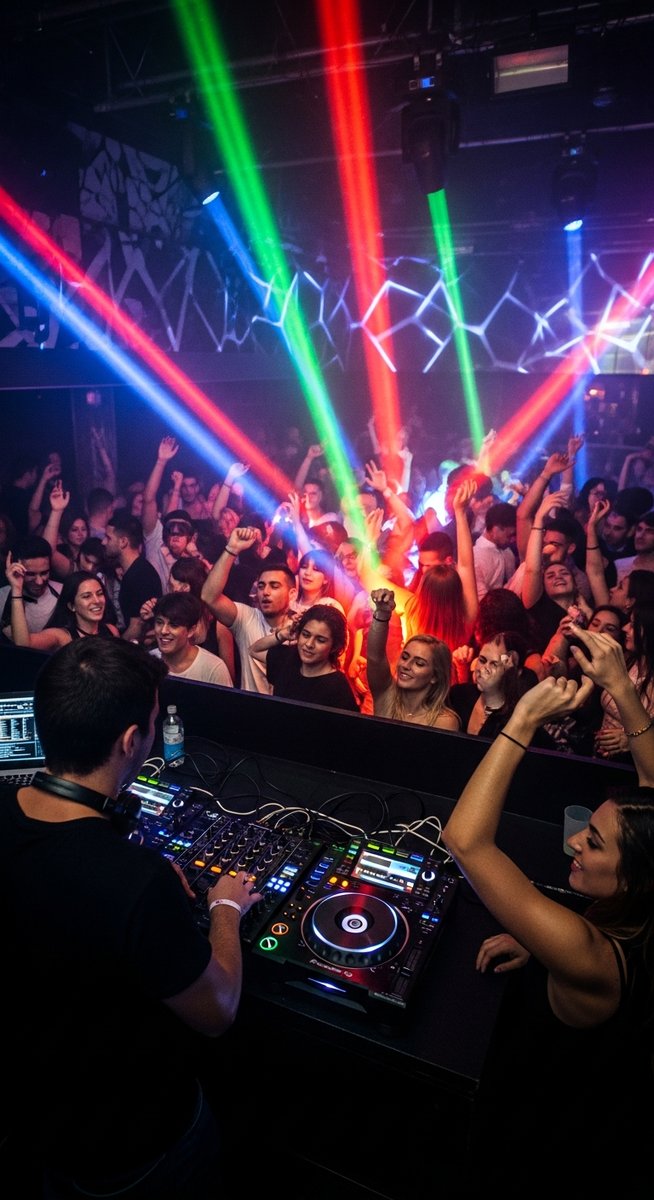 a dance floor at a Barcelona nightclub with coloured lights