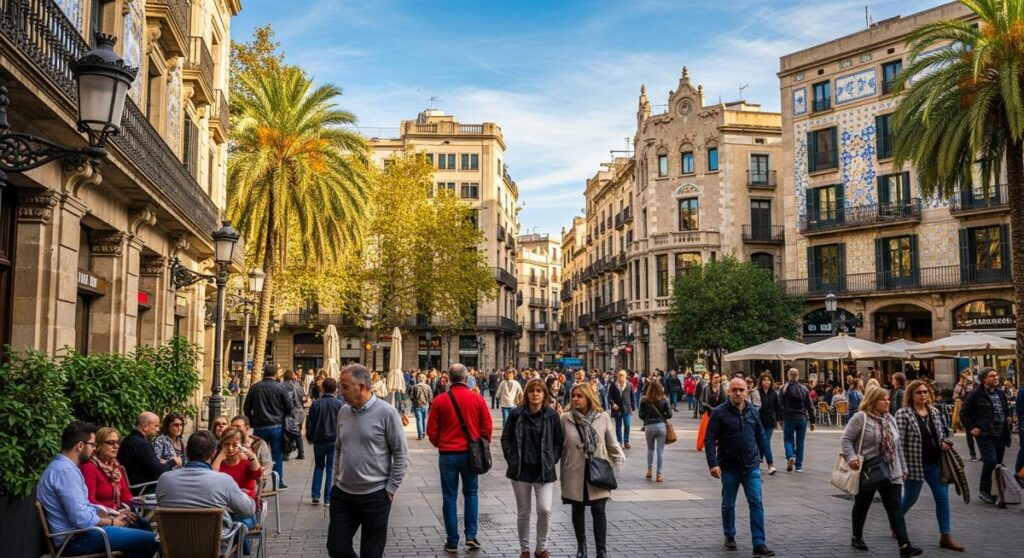 a lively Barcelona street or plaza in November