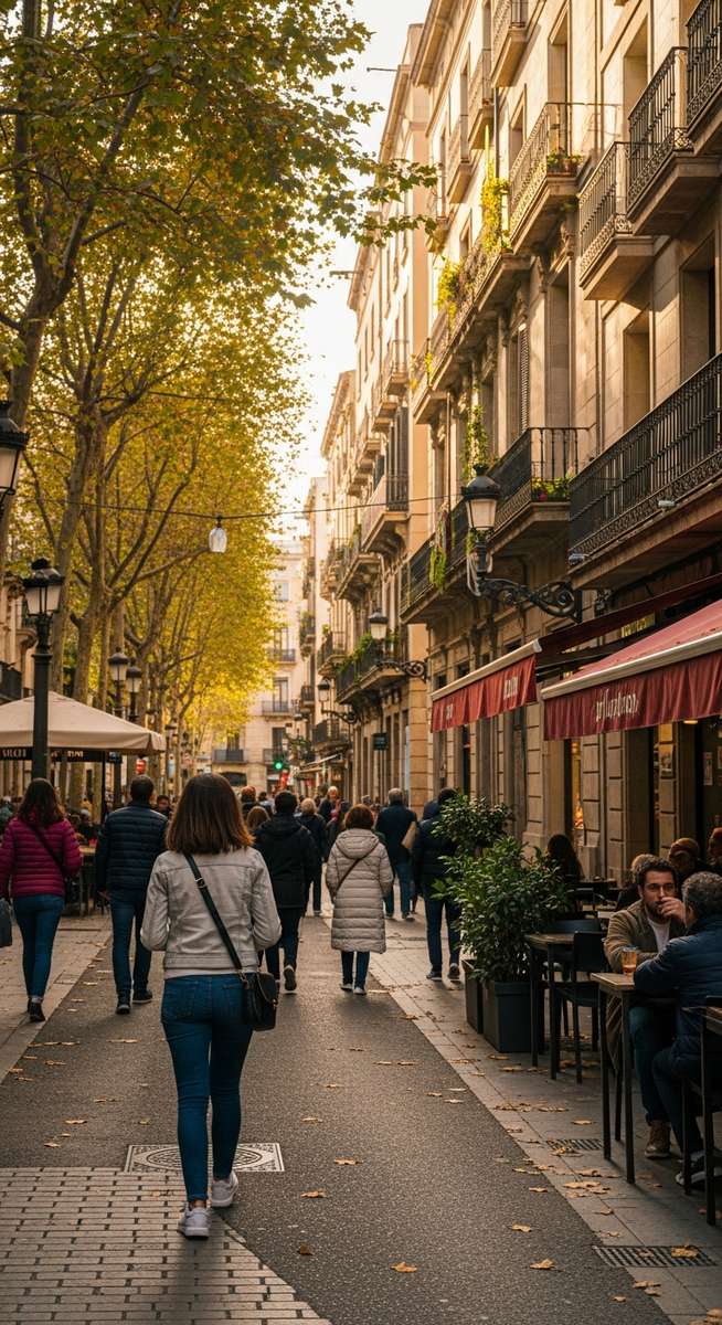 a woman walking through a Barcelona neighbourhood in November