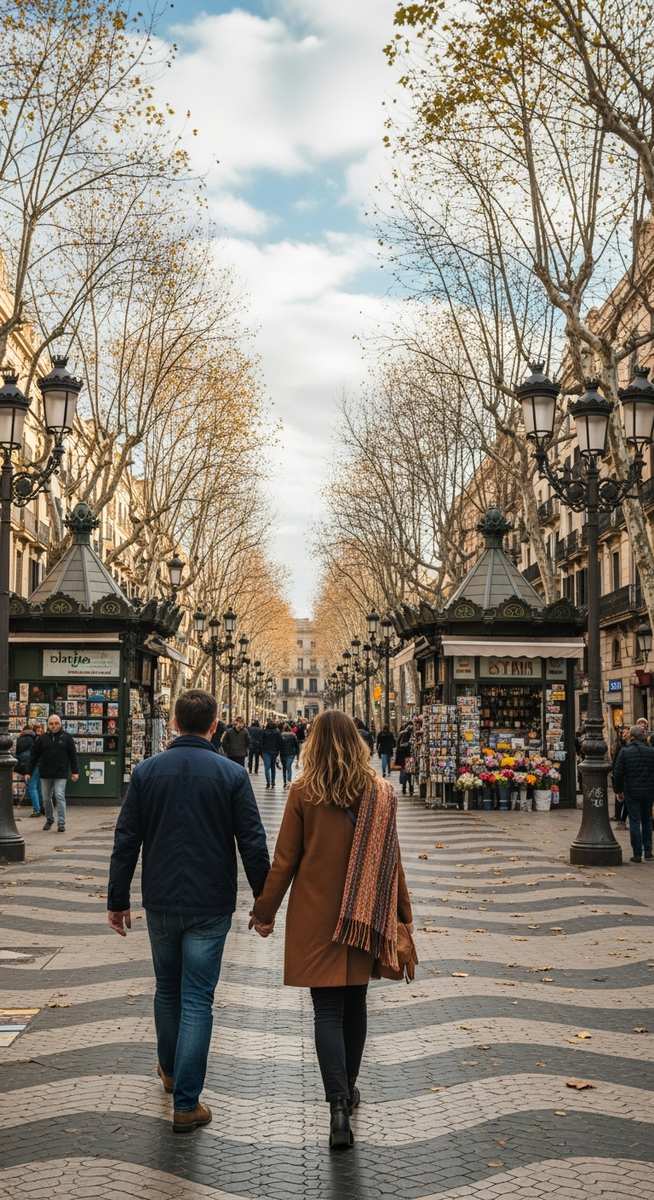 a couple strolling along La Rambla in Barcelona in November