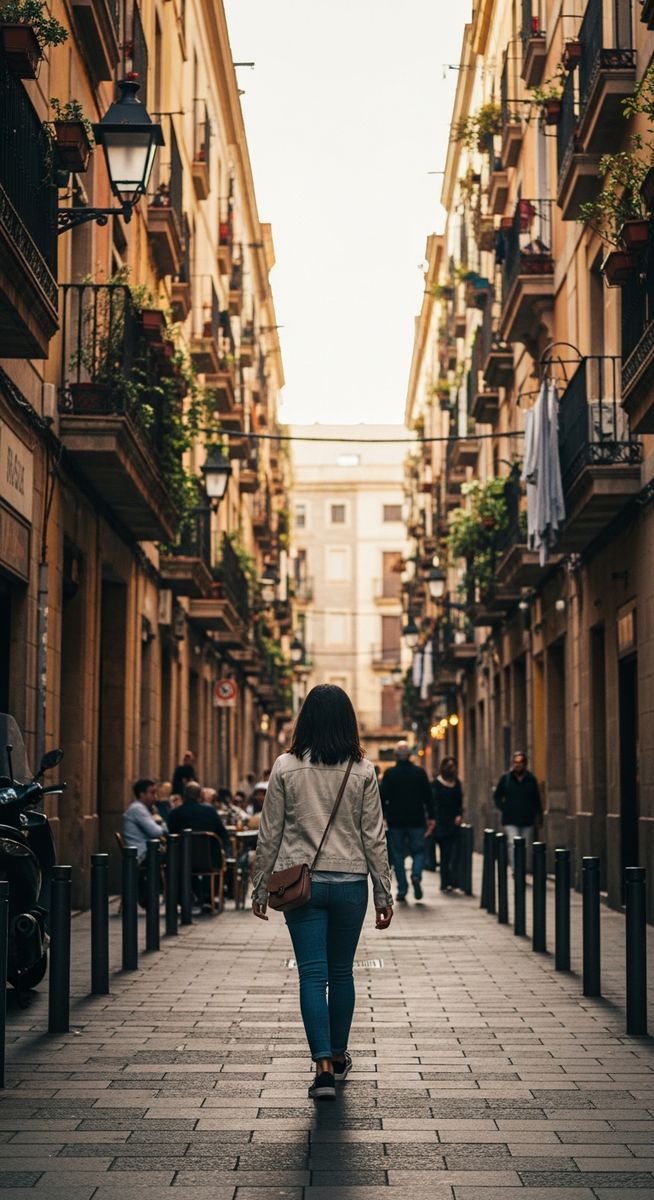 a woman walking through a Barcelona neighbourhood in October