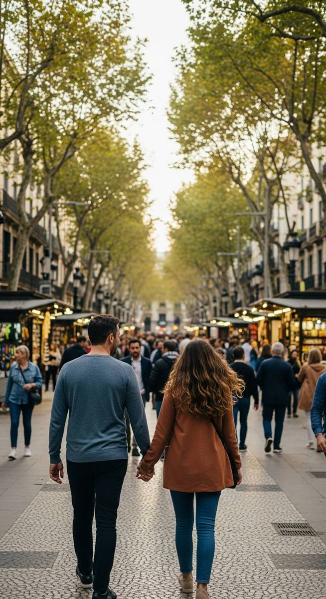 a couple strolling along La Rambla in Barcelona in October