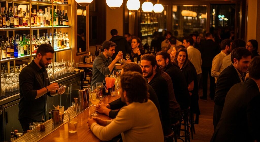a Barcelona bar at night with warm amber lighting on a bar crawl