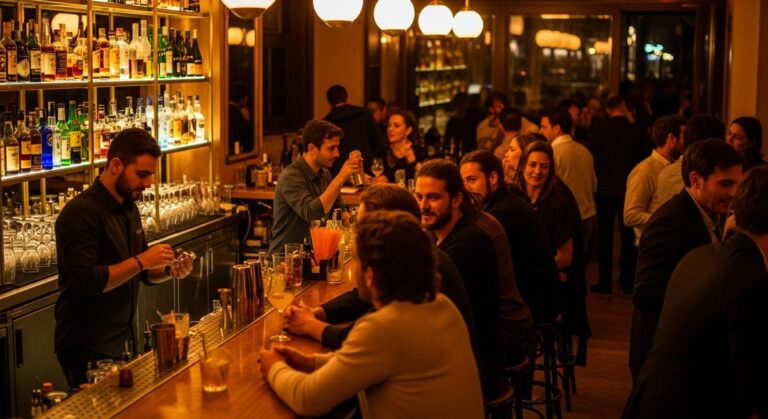 a Barcelona bar at night with warm amber lighting on a bar crawl