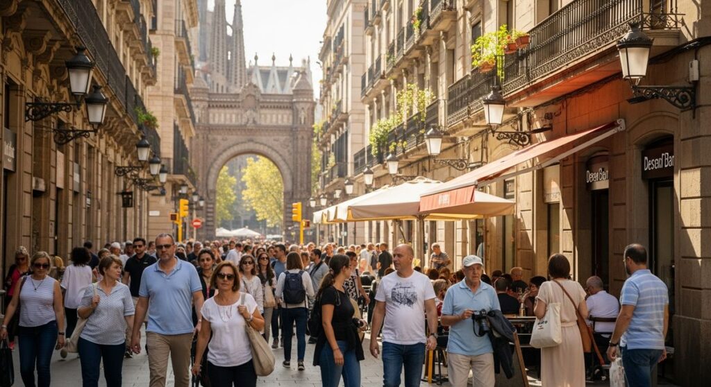 a lively Barcelona street or plaza in September