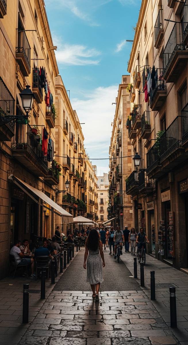 a woman walking through a Barcelona neighbourhood in September