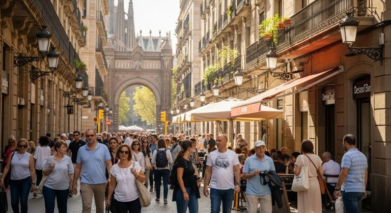 a lively Barcelona street or plaza in September