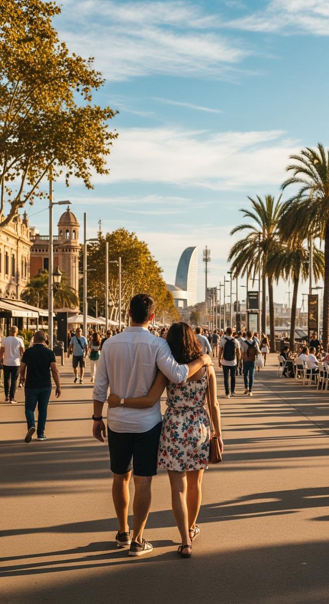a couple strolling along La Rambla in Barcelona in September