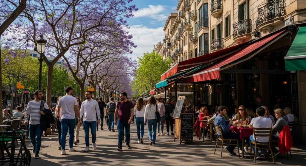 a lively Barcelona street or plaza in spring