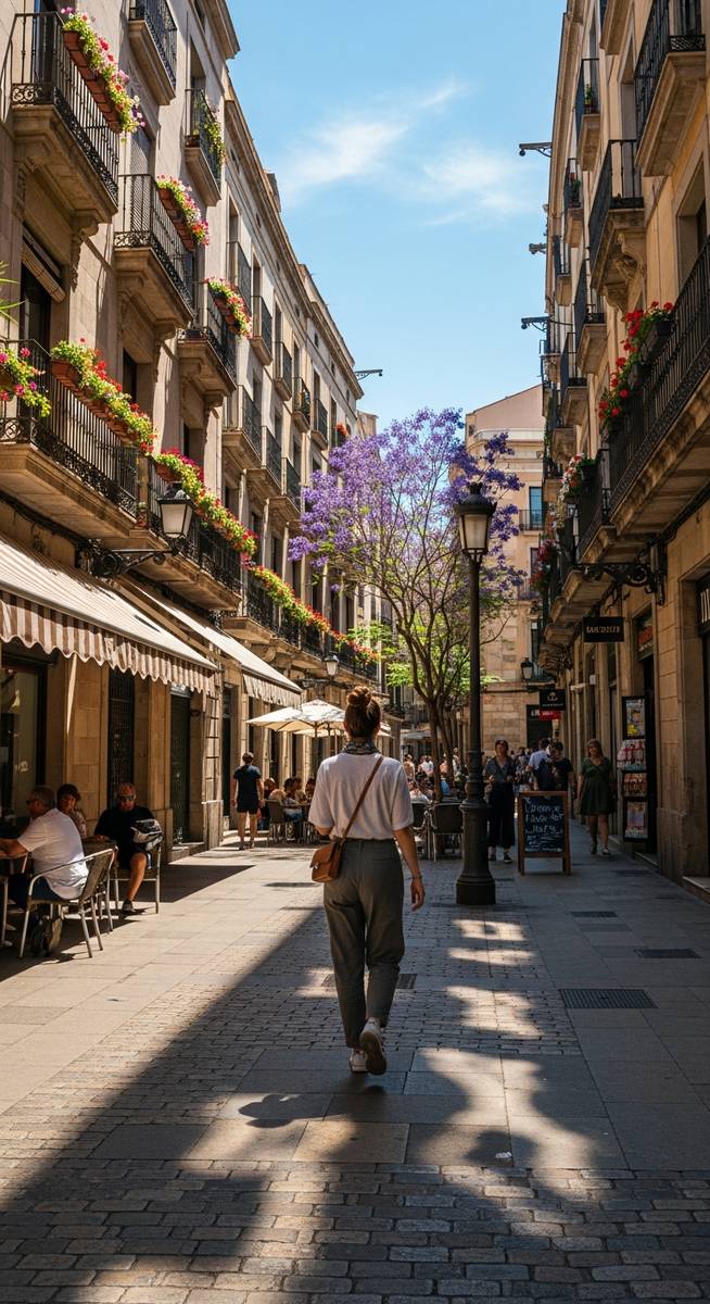 a woman walking through a Barcelona neighbourhood in spring