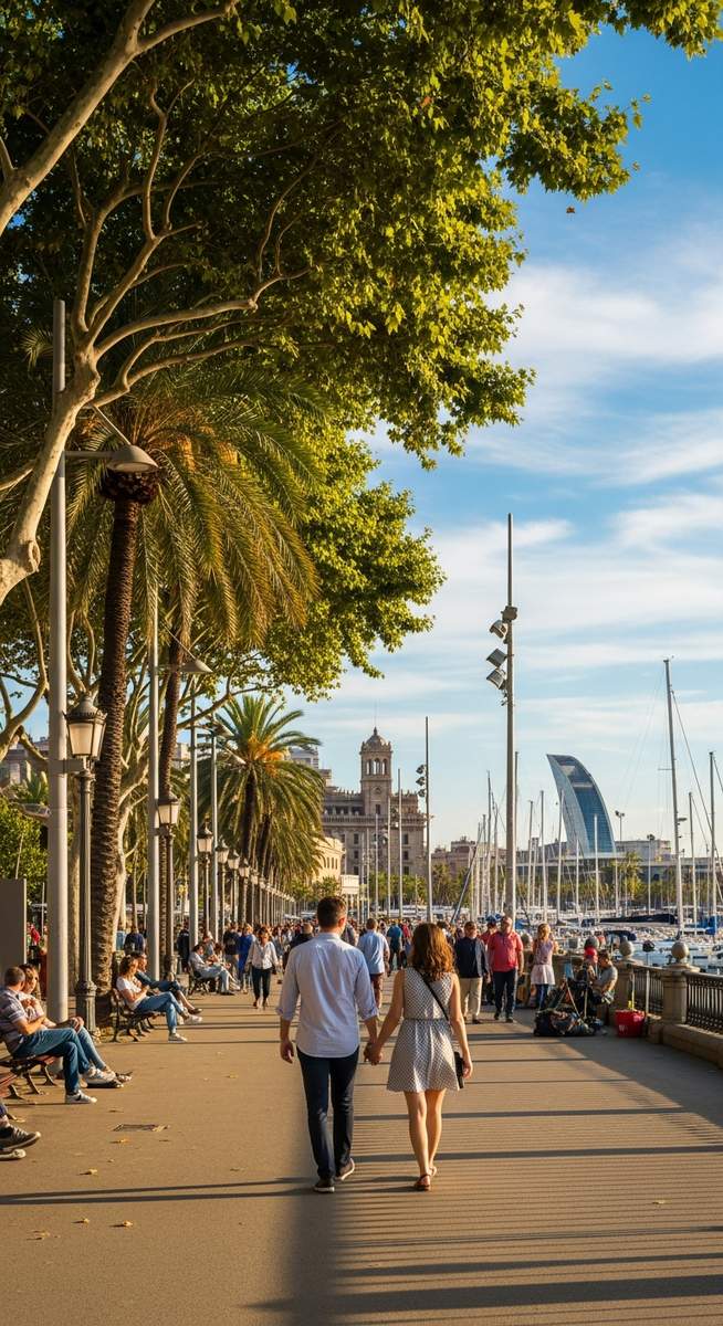 a couple strolling along La Rambla in Barcelona in spring