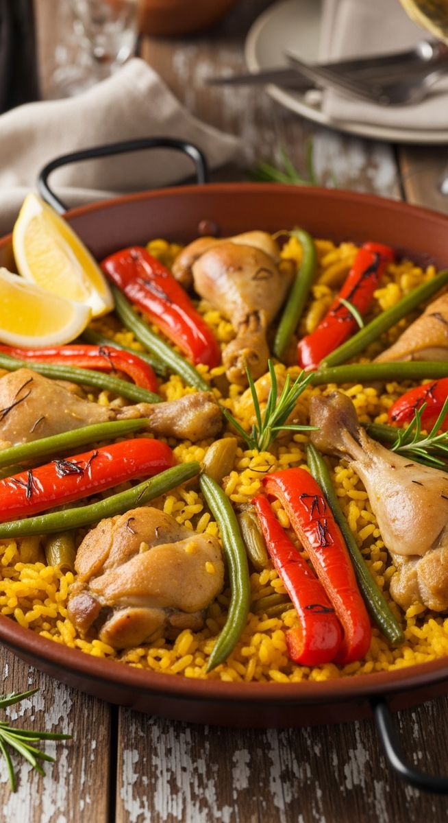 a bowl of paella valenciana in a terracotta dish