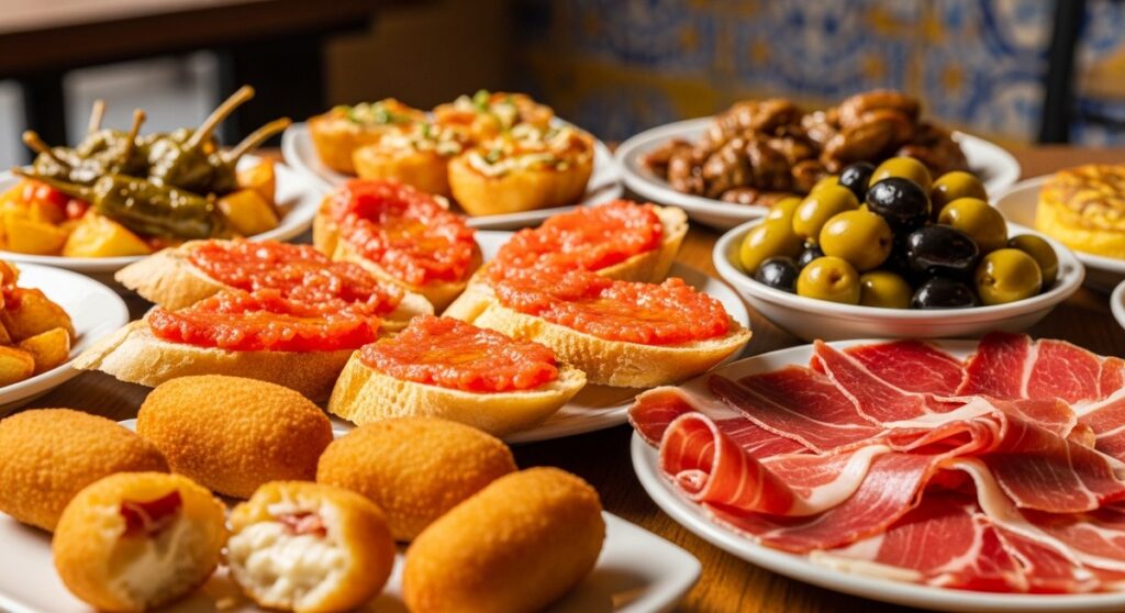 a spread of Spanish tapas on a restaurant table in Barcelona